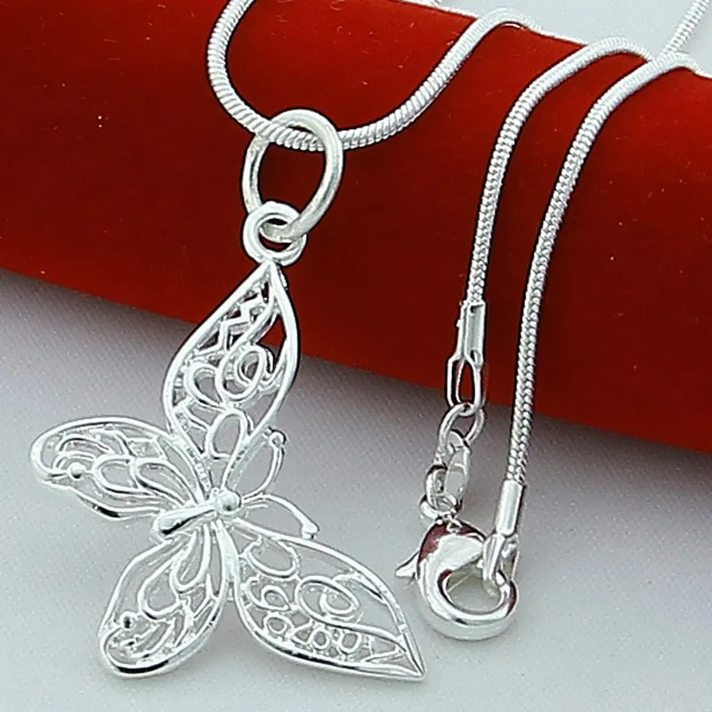 

New Trendy 925 Sterling Silver Insect Butterfly Necklaces Pendants for Women Silver Snake Chain Necklace 45cm