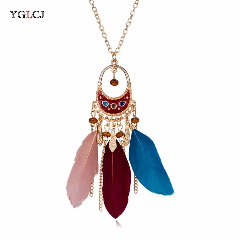 

YGLCJ 2020 New Fringed Feather Pendant Sweater Chain Long Beads Ladies Necklace Women'S Fashion Jewelry Gifts