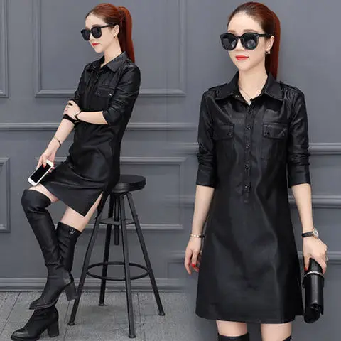 Женская одежда slim fit искусственная кожа платья высококачественная одежда для детей из искусственной кожи платья элегантные женские платья с длинными рукавами Осень Зима Весна одежда - Цвет: PU DRESSES 1