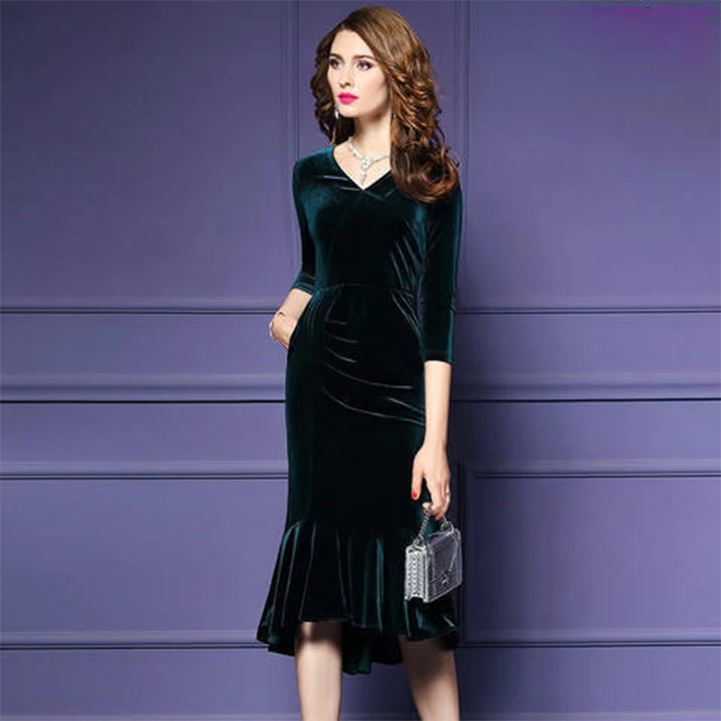 2019 летнее сексуальное платье Золотистого Бархата с v-образным вырезом тонкая