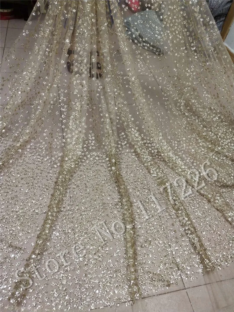 5 ярдов клееная блестящая кружевная ткань в продаже JRB-92802 золотой цвет склеенный