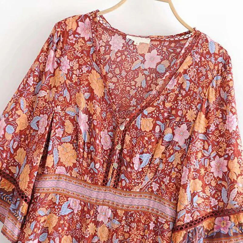 Женское винтажное мини-платье с цветочным принтом Boho Chic Пляжное Платье-кимоно