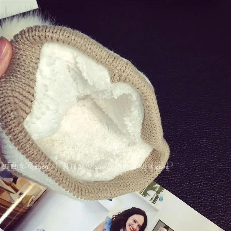 Женская вязаная шерстяная шапка с помпоном уличная теплая бархатом Осень-зима 2019