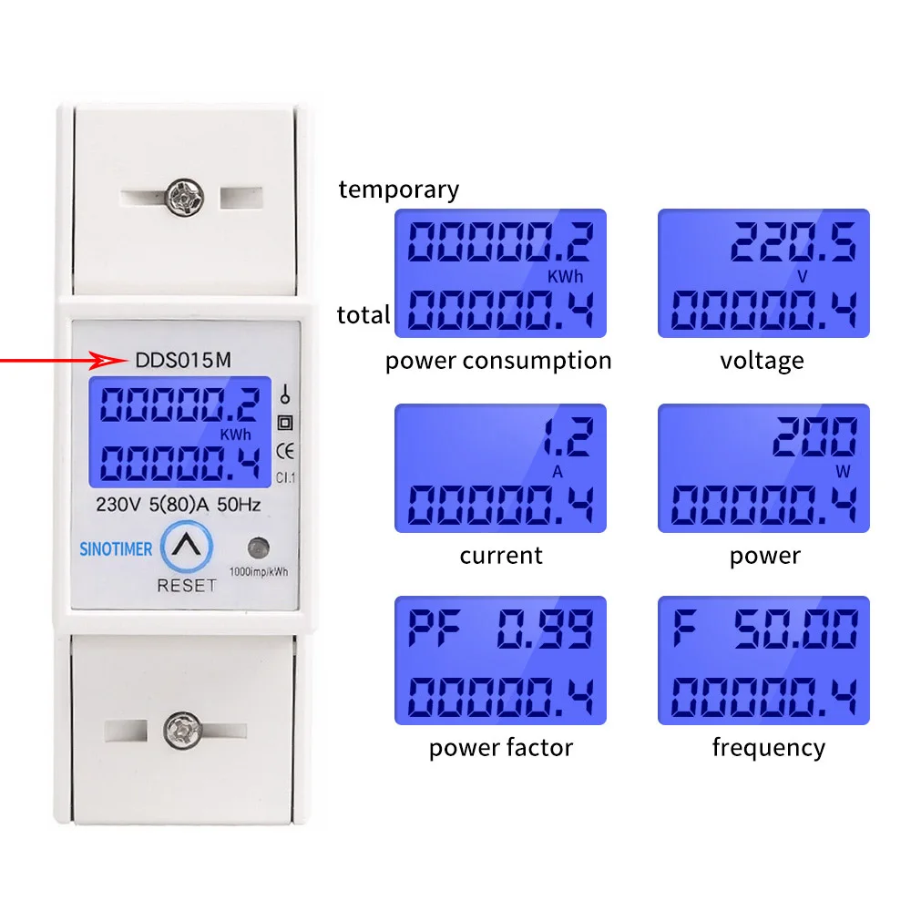 DDS015Mmultifunction DDS015 230 В кВтч метр цифровой электрический однофазный ЖК-дисплей двойной дисплей с сбросом энергопотребления метр 2P din-рейка - Цвет: DDS015Mmultifunction