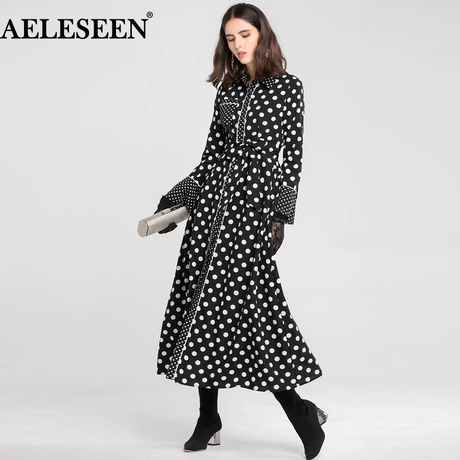 AELESEEN 2018 Осень Dot Pattern Для женщин длинное платье с длинными рукавами и принтом дамы