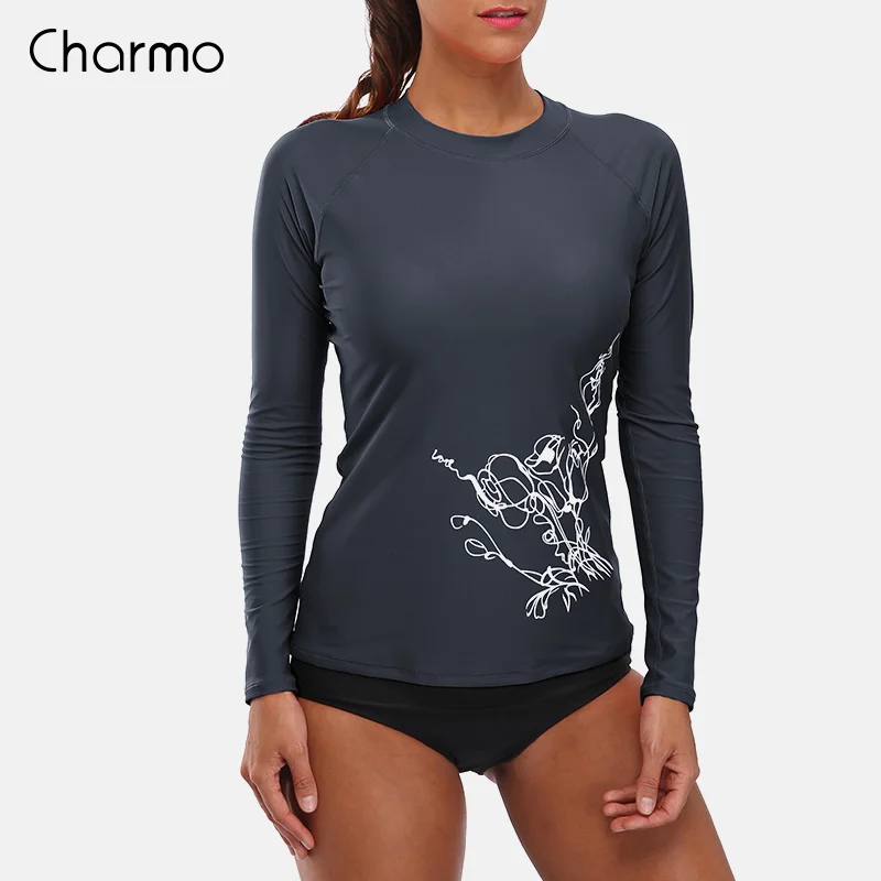 Charmo, Женский Рашгард с длинным рукавом, купальник, рубашки UPF50+, Женский Ретро принт, купальники, УФ-защита, ретро Рашгард, пляжная одежда - Цвет: 5034GRA