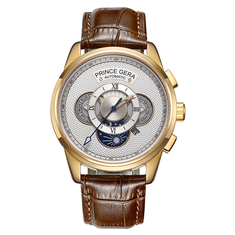 White Dial Gold PRINCE GERA механические часы для мужчин Роскошные 18 К золото три циферблата с календарем автоматические мужские часы из натуральной кожи часы для мужчин - Цвет: White Dial Gold