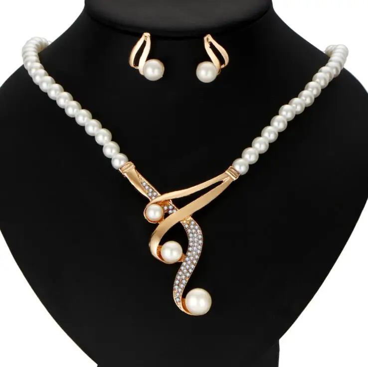 

Vintage Imitation Pearl necklace Gold jewelry sets for women Clear Crystal Elegant Party Gift Fashion Costume Jewelry Set