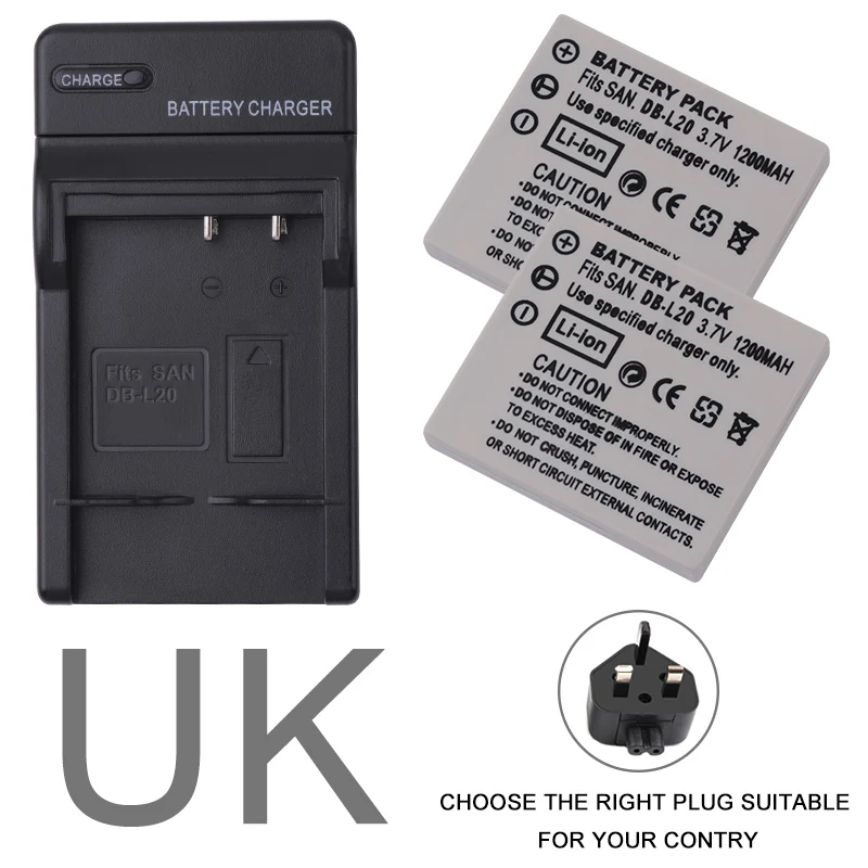 UK 2X DB-L20 DB-L20A DB-L20AU DBL20 Батарея+ Зарядное устройство для Sanyo Xacti DMC-C1 C4 C5 DSC-J4 DSC-K4 CA65 E60 CG65 E6 CG6 DMX-CA8 DMX-CG9 - Цвет: UK