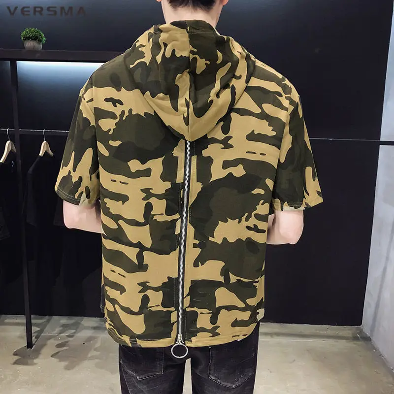 

VERSMA Summer Hip Hop Camouflage Zipper Design T-shirts for Boys Japanese Harajuku Oversized Men T-shirt Tops Tees Dropshipping