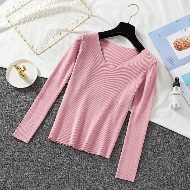 LJSXLS Women Solid Sweater Long Sleeve Fashion Tops Warm Woman Slim Sexy V Neck Knitted Pull Femme Poleras Sueter 2022 | Женская одежда