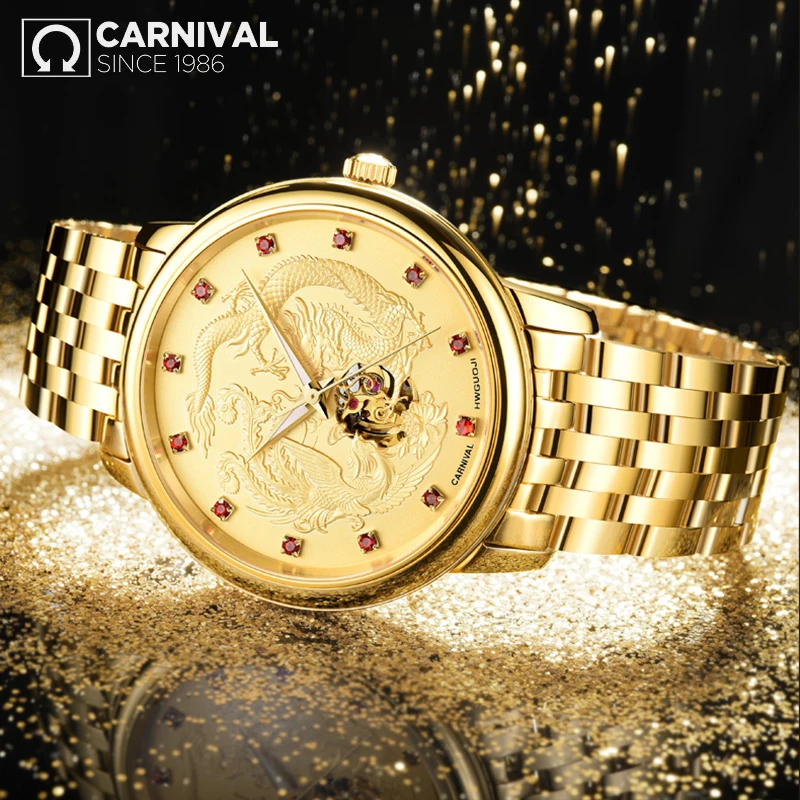 

Carnival Chinese Dragon Phoenix Relief Automatic Mechanical Men Watch Sapphire Mirror Classical Ruby Mosaic Bottoming waterproof