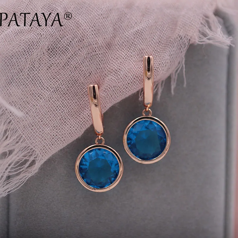 Sea Blue PATAYA, новинка, красные, турмалиновые, Круглые, длинные серьги, 585, розовое золото, натуральный циркон, свисающие серьги для женщин, свадебные, модные ювелирные изделия - Окраска металла: Sea Blue