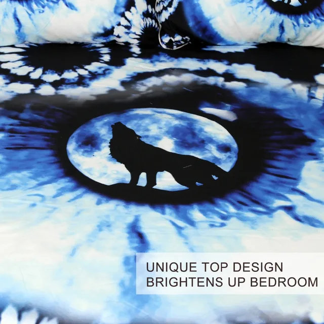 BlessLiving Eye of The Wolf Bedding Set Black and Blue Watercolor Tye-Dye Bedclothes Psychedelic Tie Dye Wildlife Art Bed Set 3