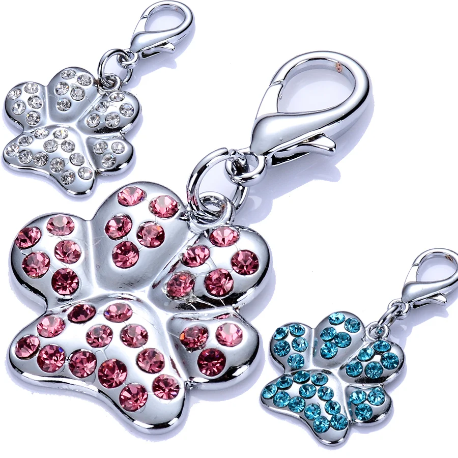 Подвеска кулон для собак ошейник аксессуары Горный хрусталь Подвески dog tag лапу Талисманы для собак Воротники застежкой омар ювелирные изделия Аксессуары Товары для домашних животных Розовый сине-белые Цвет