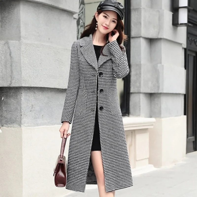 2018 осенне-зимнее женское клетчатое длинное шерстяное пальто Европейский женский