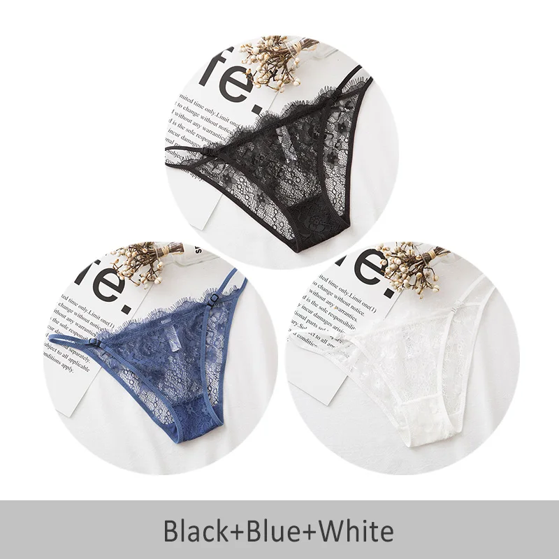 Black Blue White DULASI, 3 шт., кружевное регулируемое тонкое сексуальное нижнее белье, Прозрачное нижнее белье из хлопка, сексуальное женское кружевное нижнее белье - Цвет: Black Blue White