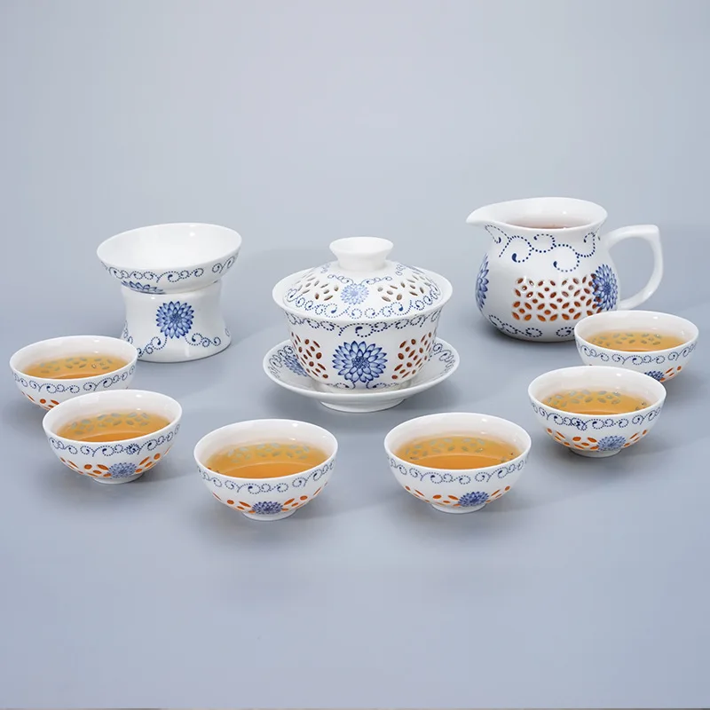 Изысканный чайный набор голубого и белого цвета 1 Gaiwan 6 чашек чайник с сотовой