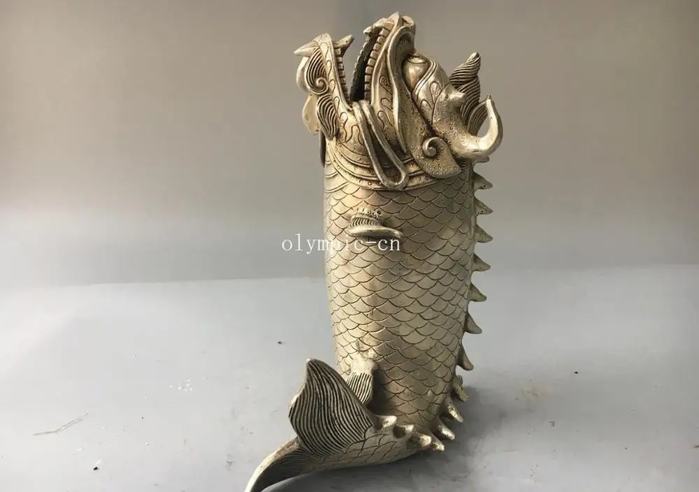 

8'' tibetan bronze silver carved animal dragon unicorn head fish body censer