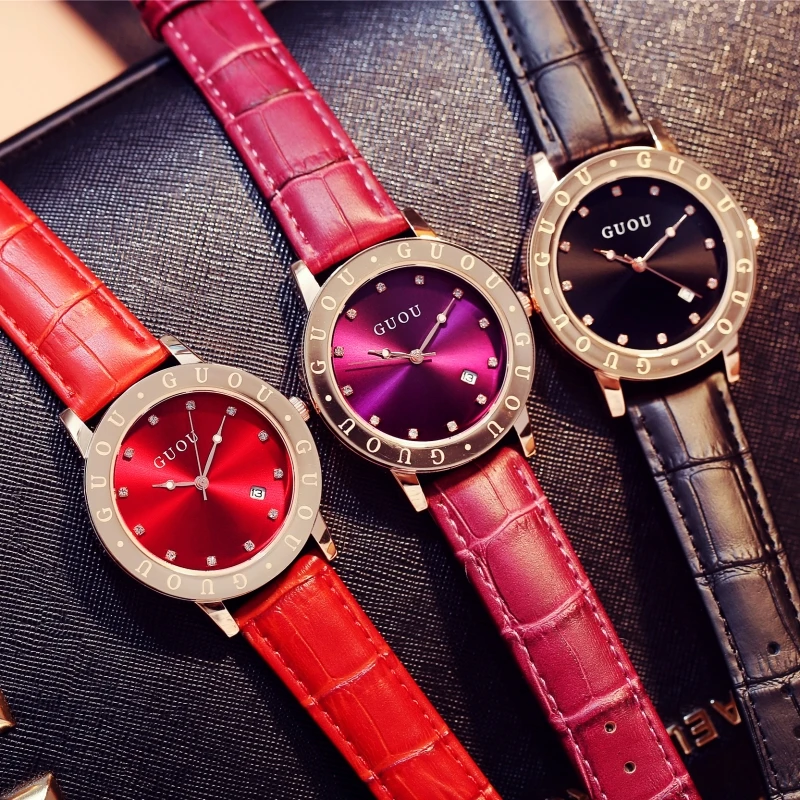 Женские Водонепроницаемые Часы GUOU из натуральной кожи с календарем | Наручные