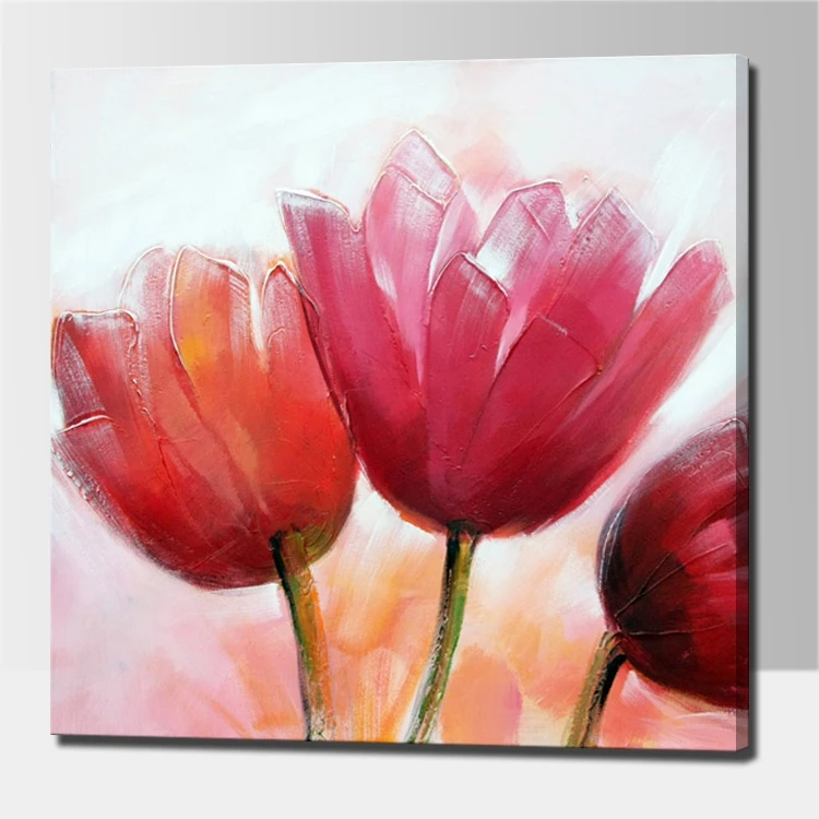 

Frameless 100% handpainted flower oil paintings of red flower texture on canvas for home decoration