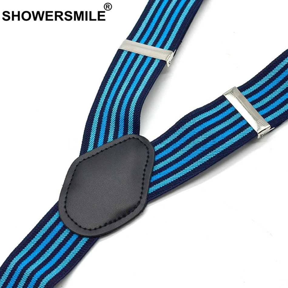 SHOWERSMILE полосатые подтяжки брюки мужские Эластичные Y Форма подтяжки 4 зажимы Подвески ремень 3,5*120 см темно-синий подтяжки мужской красный черный