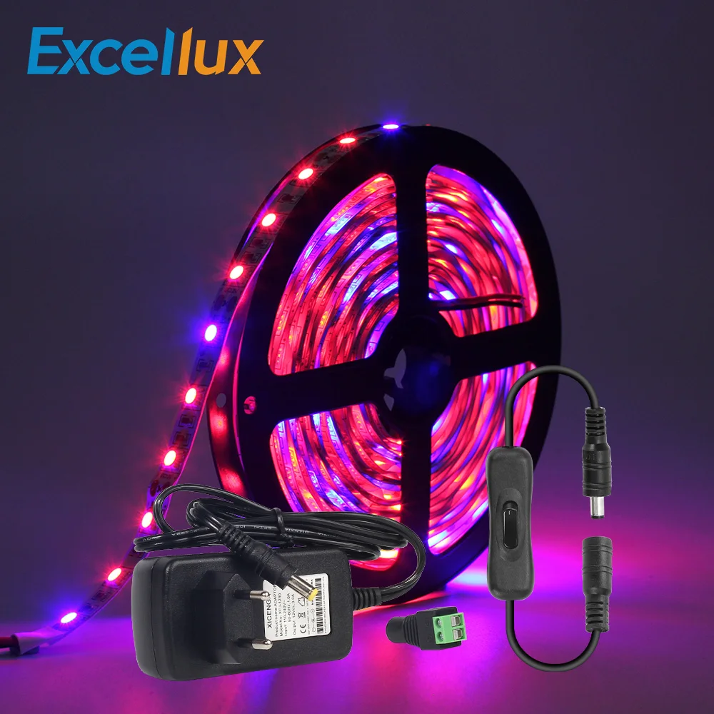 1 комплект 5050 LED Grow Lights DC 12V без водонепроницаемого 5M растущая Светодиодная лента
