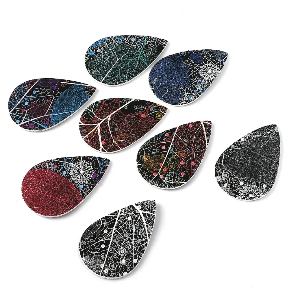 2 шт. Фигурки Капли воды из искусственной кожи PU размером 56x37 мм для создания подвесок на браслетах и колье, изготовление самодельных сережек.