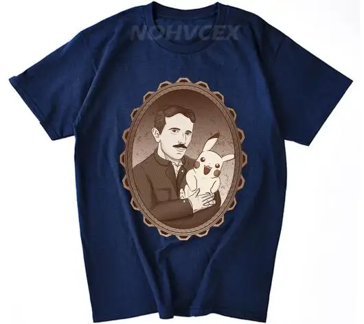 Физика DIY Nikola_Tesla Мужская футболка с коротким рукавом с круглым воротником из чистого хлопка Пикачу - Цвет: Тёмно-синий