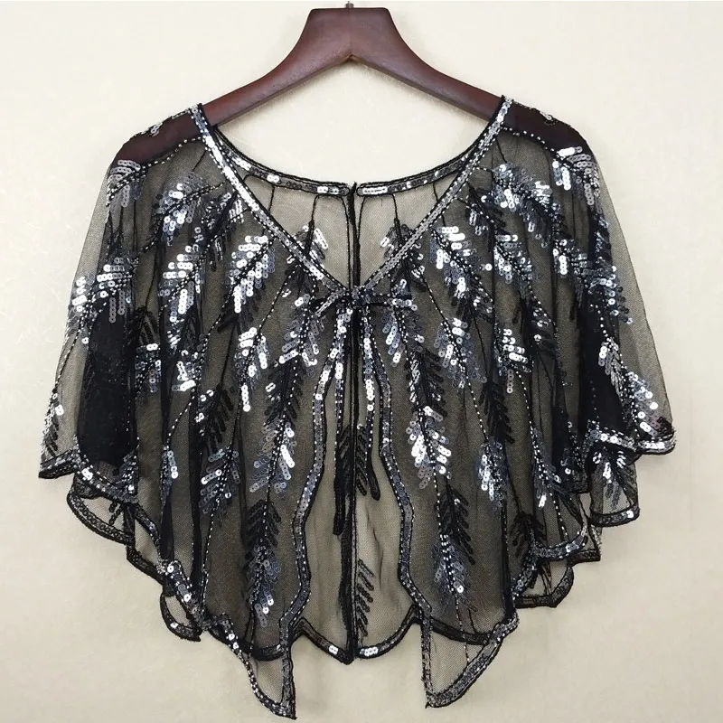 Black Silver Shawl Винтажная Женская шаль 1920s с пайетками, расшитая бисером, болеро, накидка, вечерняя накидка, арт-деко, вечернее болеро, накидка, черный/белый/красный/серебристый - Цвет: Black Silver Shawl