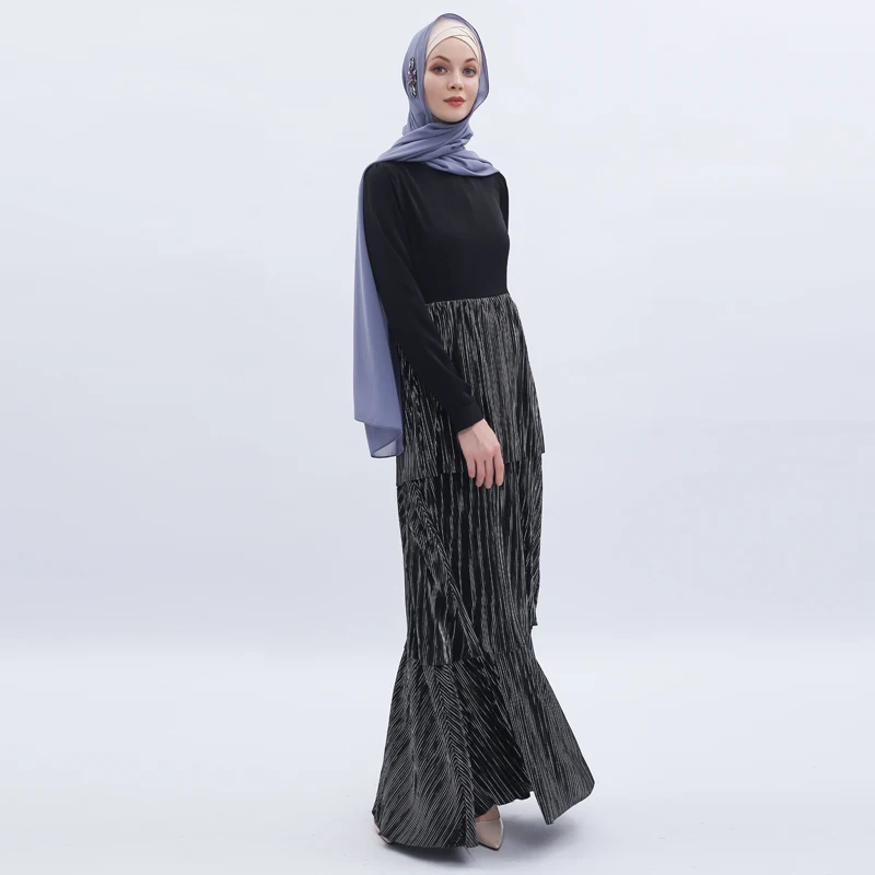 Stitched Pleated Cake Vestidos Abaya Dubai Arabic Maxi Muslim Dress Women Caftan Moroccan Kaftan Elbise Hijab Turkish Dresses
