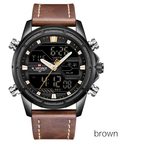 brown NAVIFORCE Мужские часы от бренда класса люкс мужские кожаные спортивные часы мужские кварцевые светодиодный цифровые часы водонепроницаемые военные наручные часы - Цвет: brown
