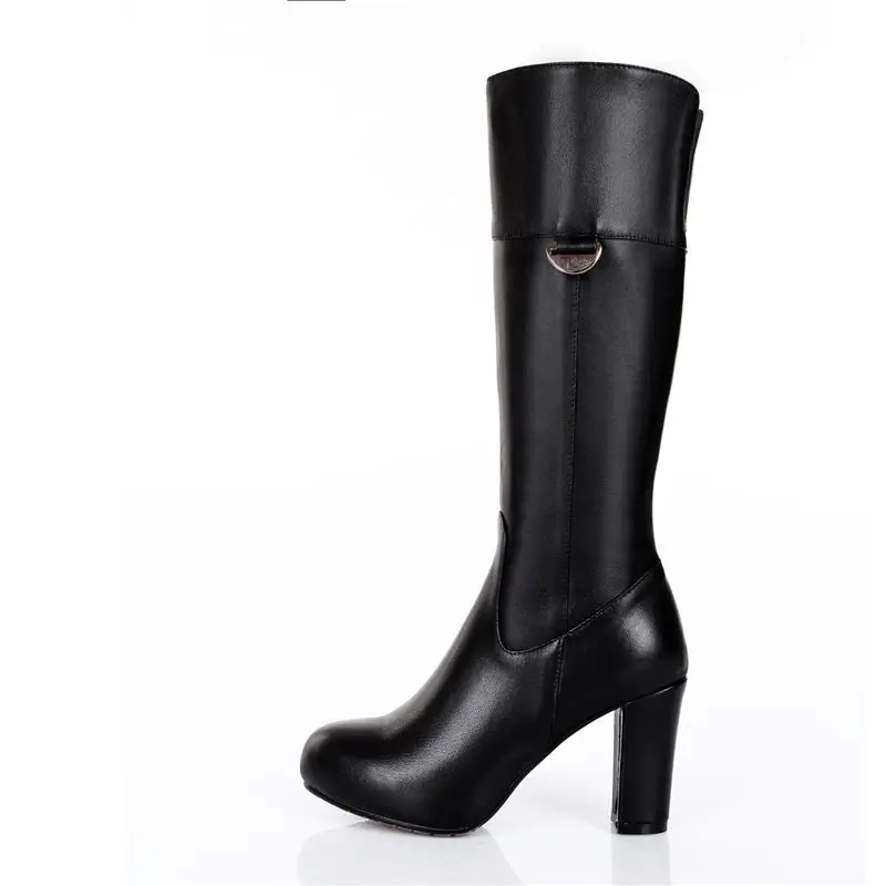 

ASUMER 2020 NEW round toe mid calf boots metal decoration simple winter boots elegant hoof heels women pu+genuine leather boots