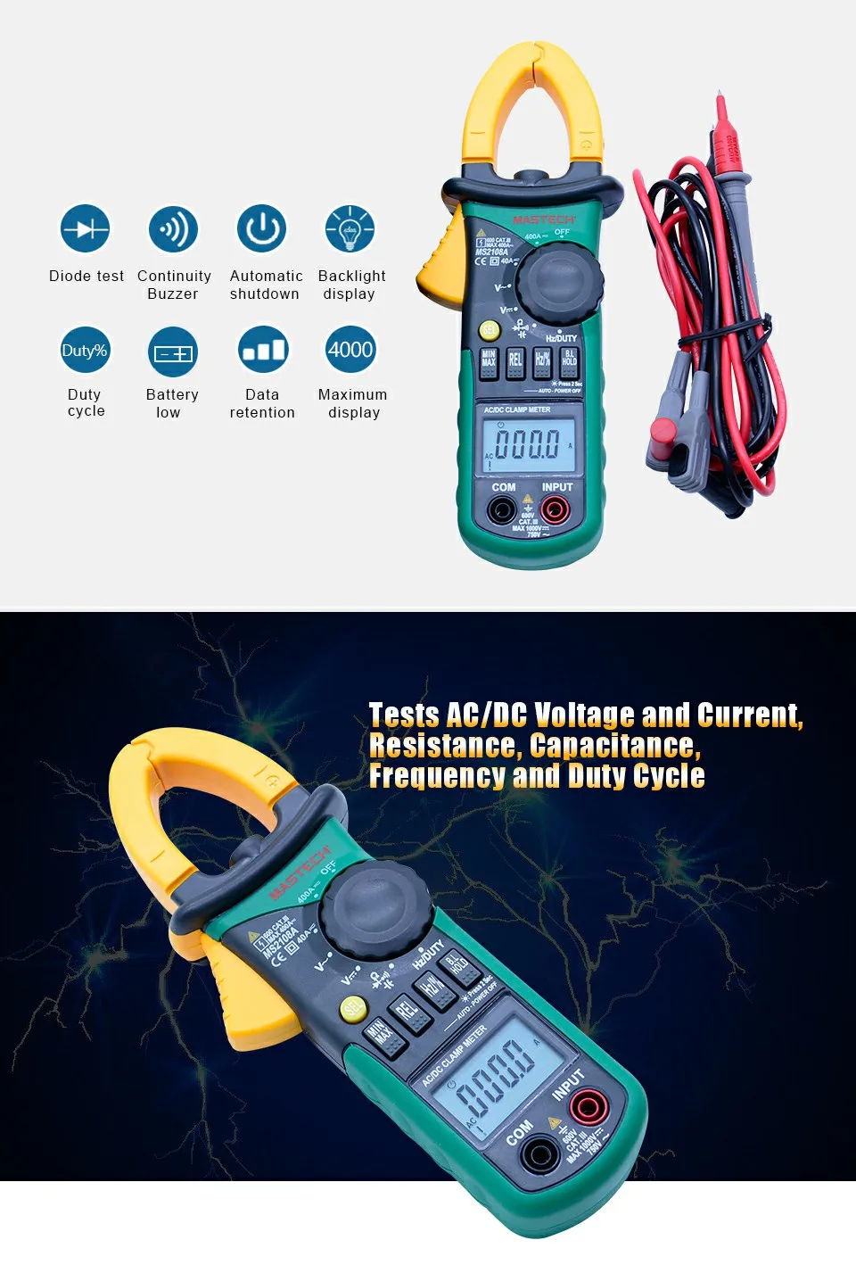 MASTECH MS2108A цифровой клещи автоматический Диапазон мультиметр переменного тока 400A Ток Напряжение Частота клещи мультиметр тестер подсветка