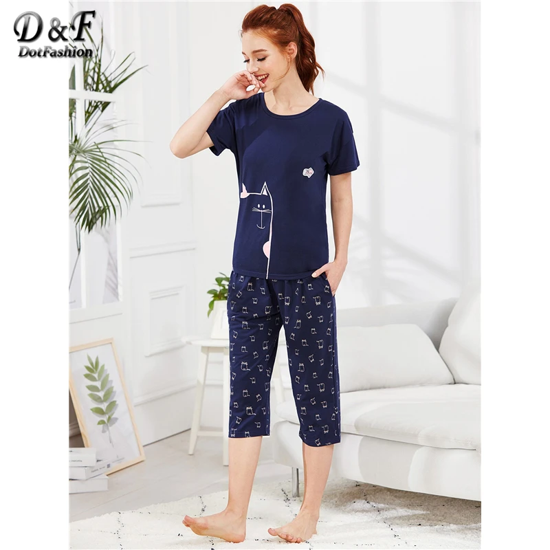 Dotfashion темно-синяя футболка с принтом животных и штаны, пижамный комплект, летние пижамы для женщин, повседневная одежда для сна с коротким рукавом, женская одежда для сна