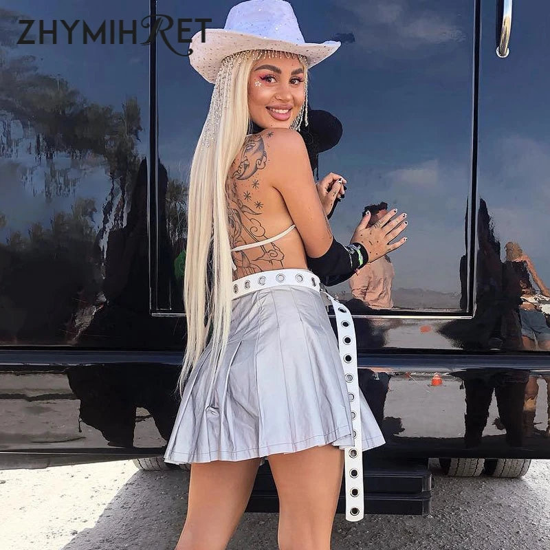 Женская плиссированная мини юбка ZHYMIHRET светоотражающая с высокой талией