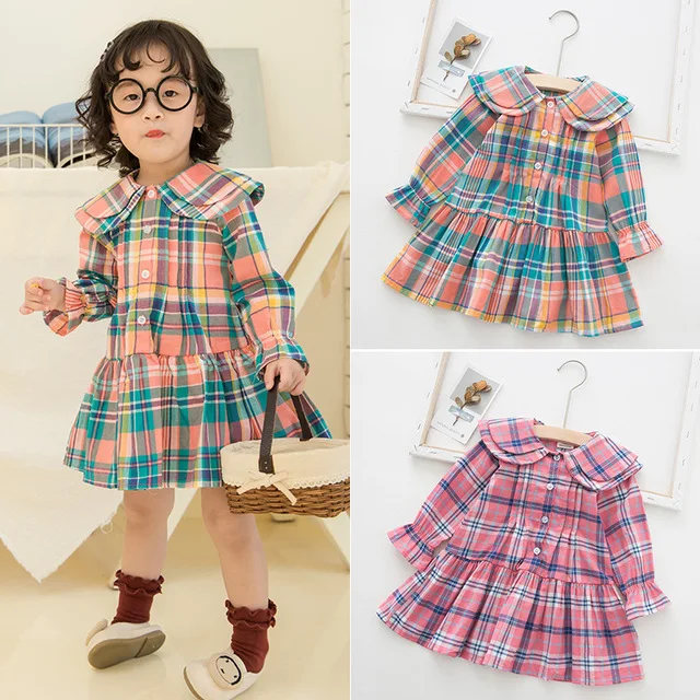 

Toddler Girl Dresses Fashion Rainbow Plaid Double Collar Princess Dress Cotton Casual Long Sleeves Kids Clothing Spring Autumn