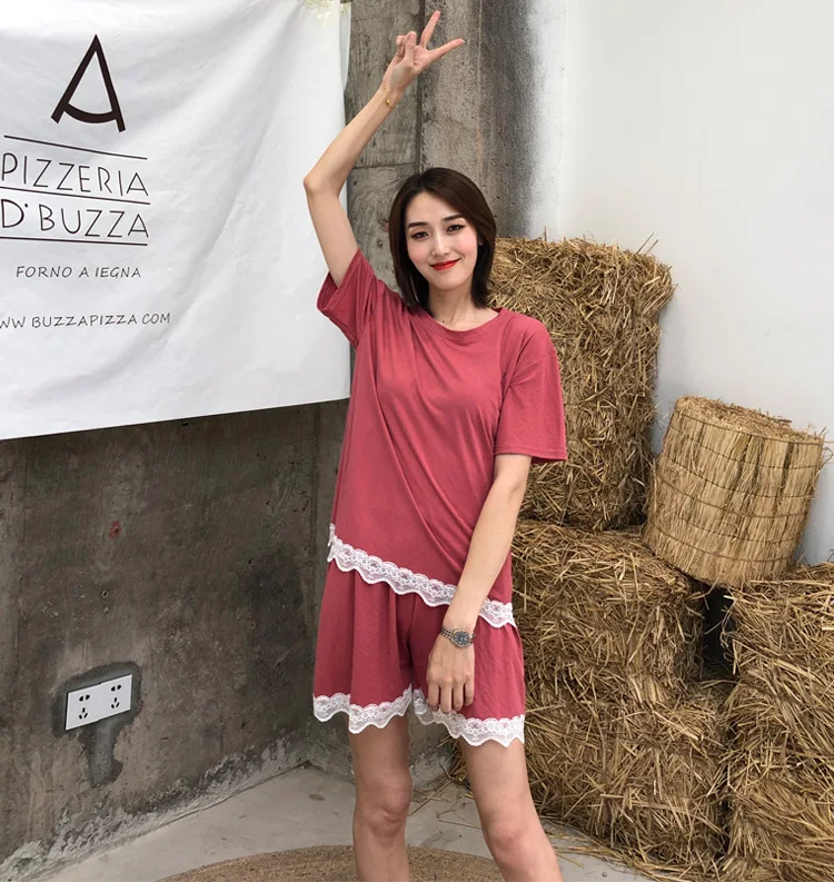 Daeyard хлопчатобумажный пижамный комплект, женское сексуальное белье, рубашка с коротким рукавом и шорты с кружевной отделкой, мягкая Пижама, повседневная домашняя одежда