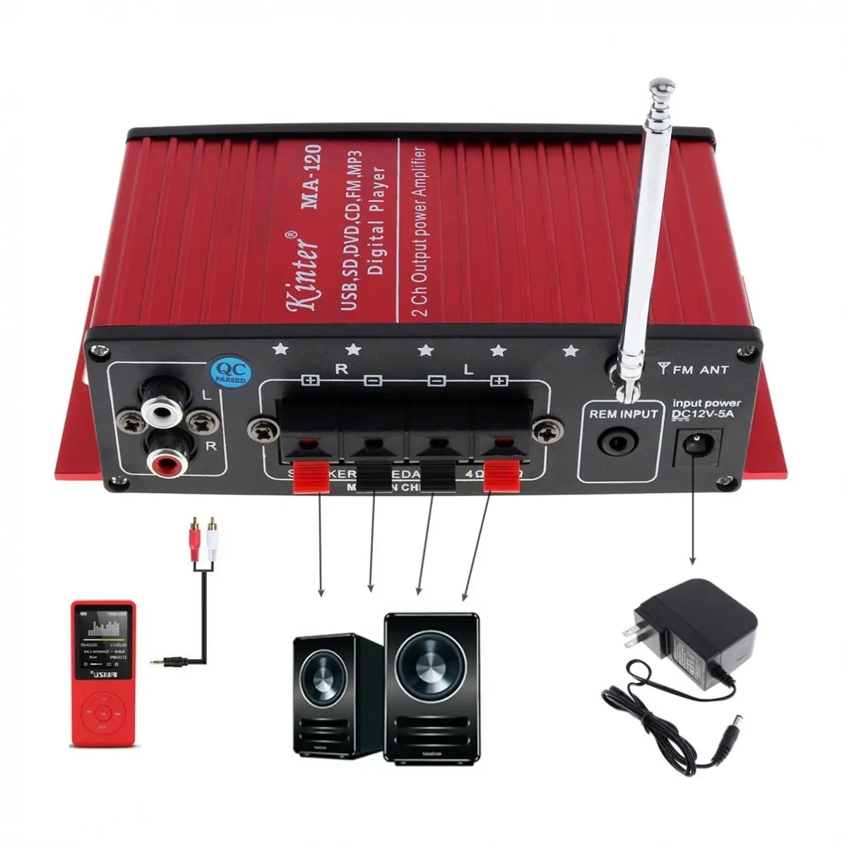 20W X 2  HiFi 2 Channel Output Power Amplifier FM Radio Stereo Player Support USB / SD / DVD / MP3 Input with Remote Control