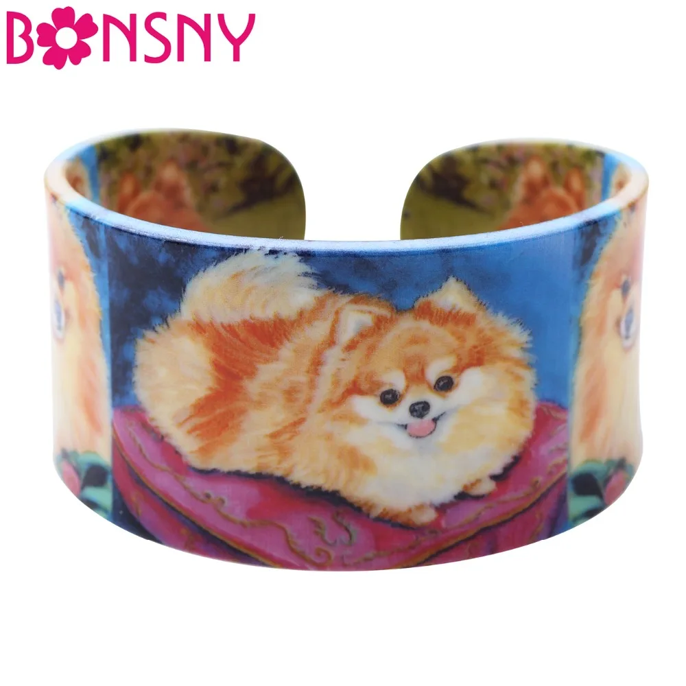 

Bonsny Acrylic Colorful Pattern Pomeranian Dog Bangle News 2017 Fashion Jewelry Women Girl Spring Summer Decoration Bracelets