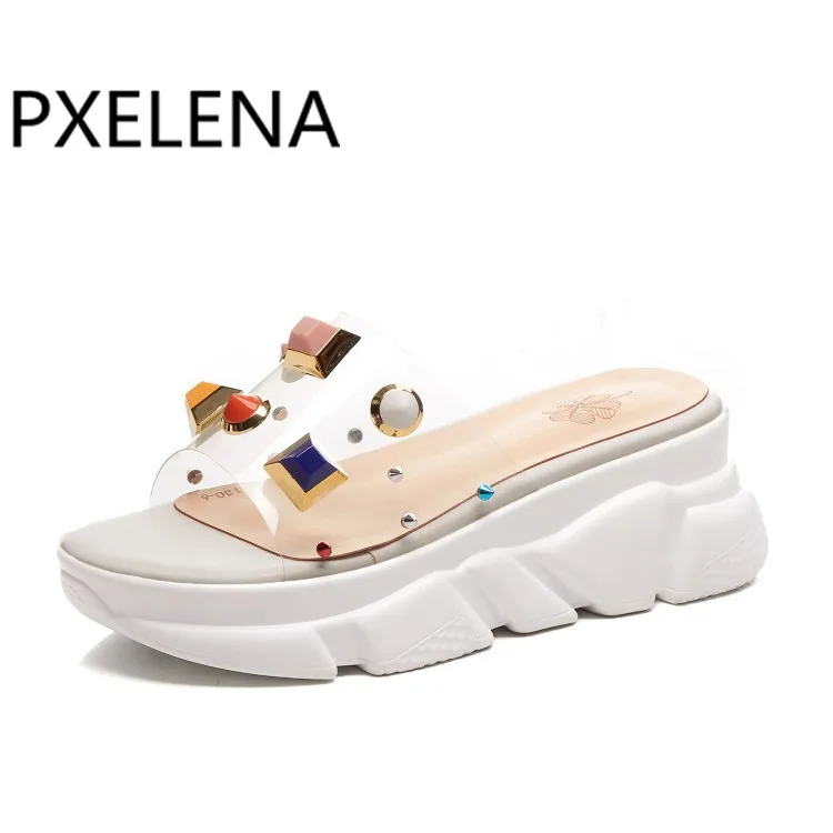 PXELENA 2019 летние дизайнерские женские тапочки из ПВХ Прозрачные Разноцветные
