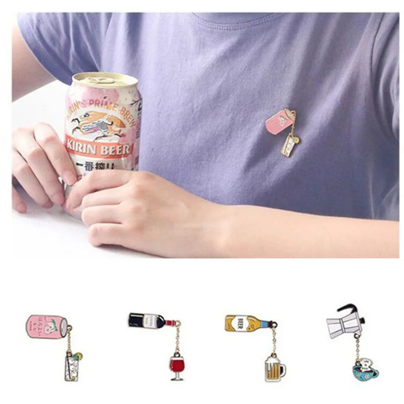 Cartoon Enamel Coffee Beer Red Wine Juice Drinks Metal Fashion Brooch Pin Badge Lapel Pin Jewelry Gift