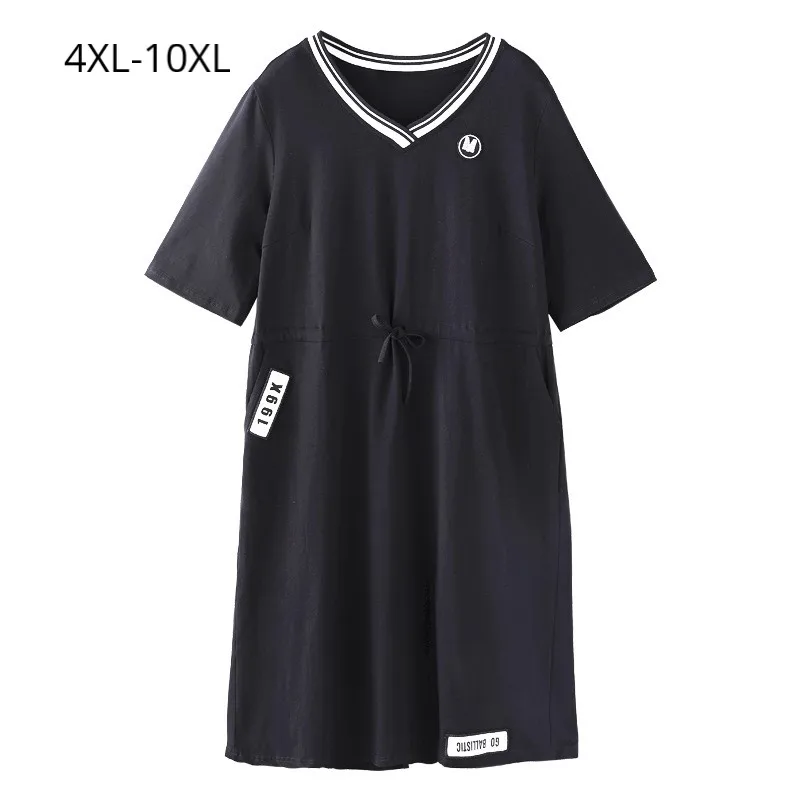 Plus Size 10XL 8XL 6XL 4XL Women Cotton Short Sleeve Summer Dress Female V Neck Black Casual Tops Feminina Tunics Slim | Женская одежда
