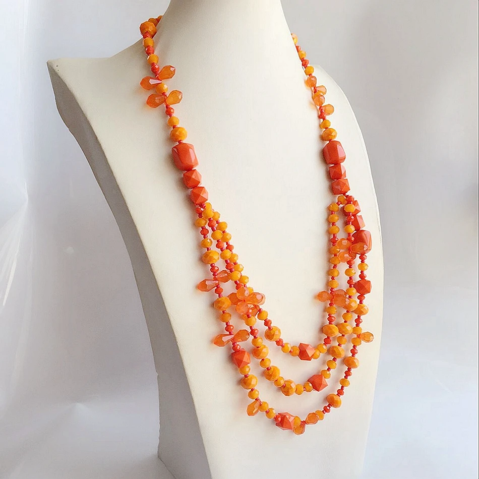 Оранжевое многослойное ожерелье из бисера длинное массивное подвеска ювелирное
