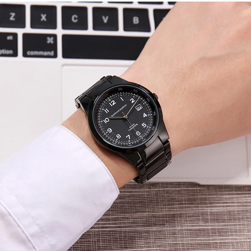 Полностью черные кварцевые часы из нержавеющей стали мужские брендовые