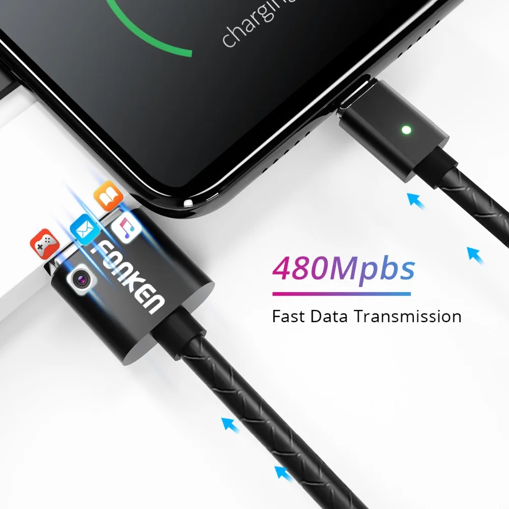 Магнитный кабель FONKEN usb type C для быстрой зарядки, магнитный кабель USB C для синхронизации данных, кабели для телефонов, быстрая зарядка, светодиодный шнур для мобильных телефонов type-C