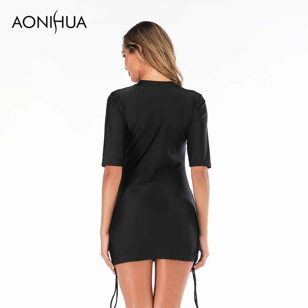 

Aonihua Sexy Two Piece Swimsuit String Adjust Solid Color Long Sleeve Swimsuit With Triangle Suit Plus Size Swimwear 6614
