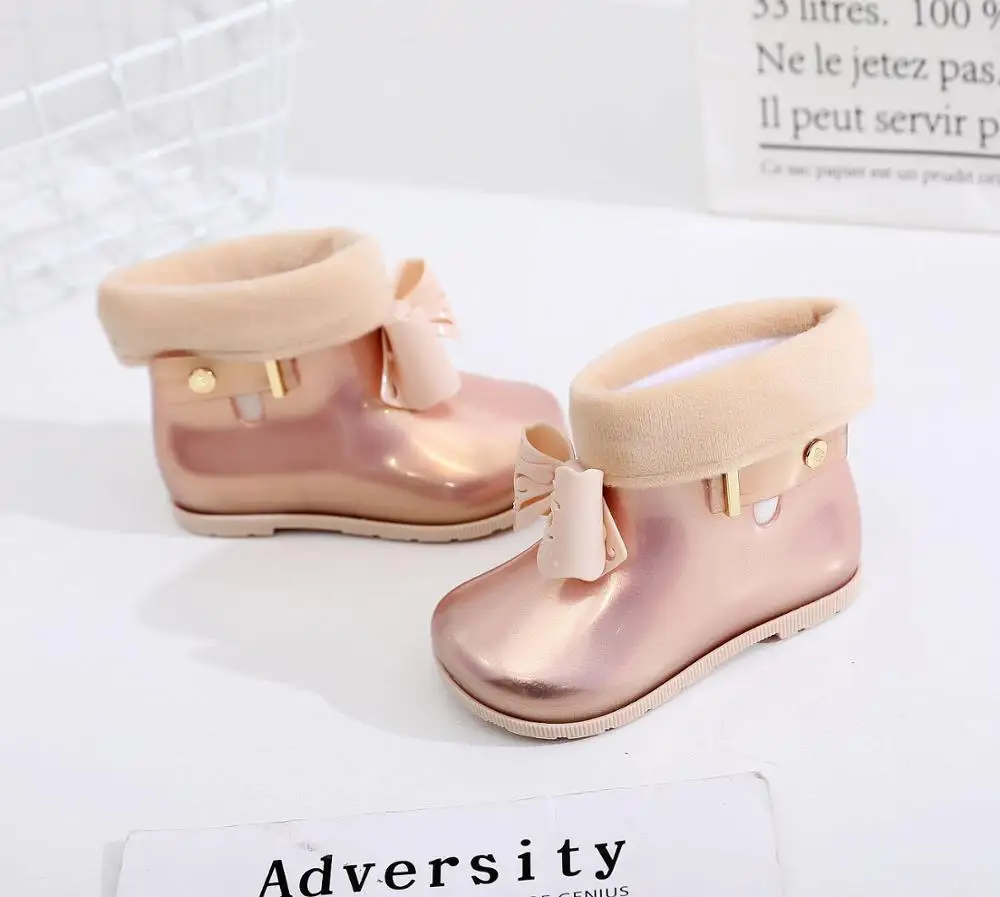 Mini Melissa/зимние резиновые сапоги с бантом; оригинальные 1:1 сапоги для девочек; Новинка года; прозрачные сандалии для девочек; детские непромокаемые ботинки для малыша из водонепроницаемого материала - Цвет: Розовый