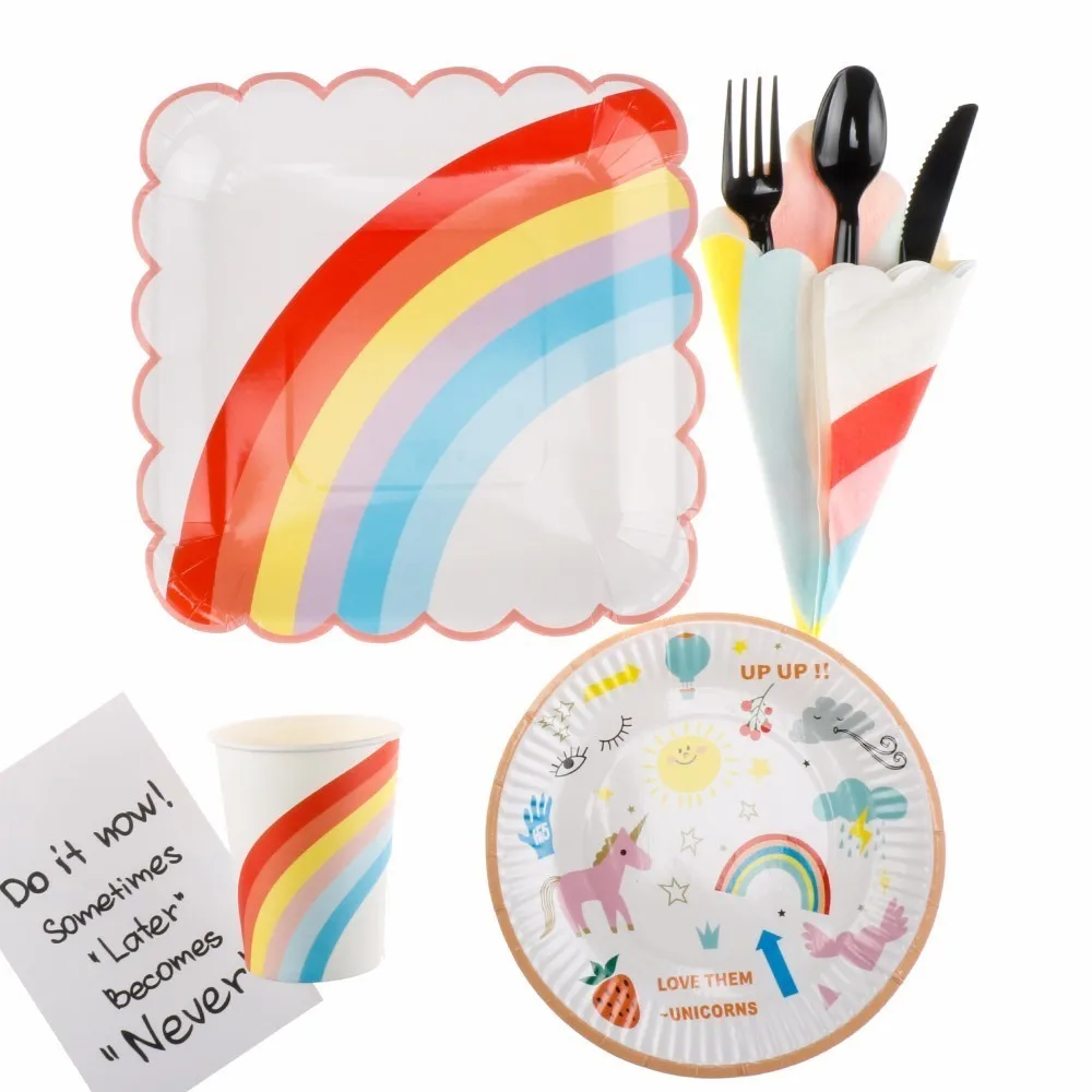10 шт. Единорог вечерние одноразовая посуда набор мультфильм Rainbow Unicorn соломинки