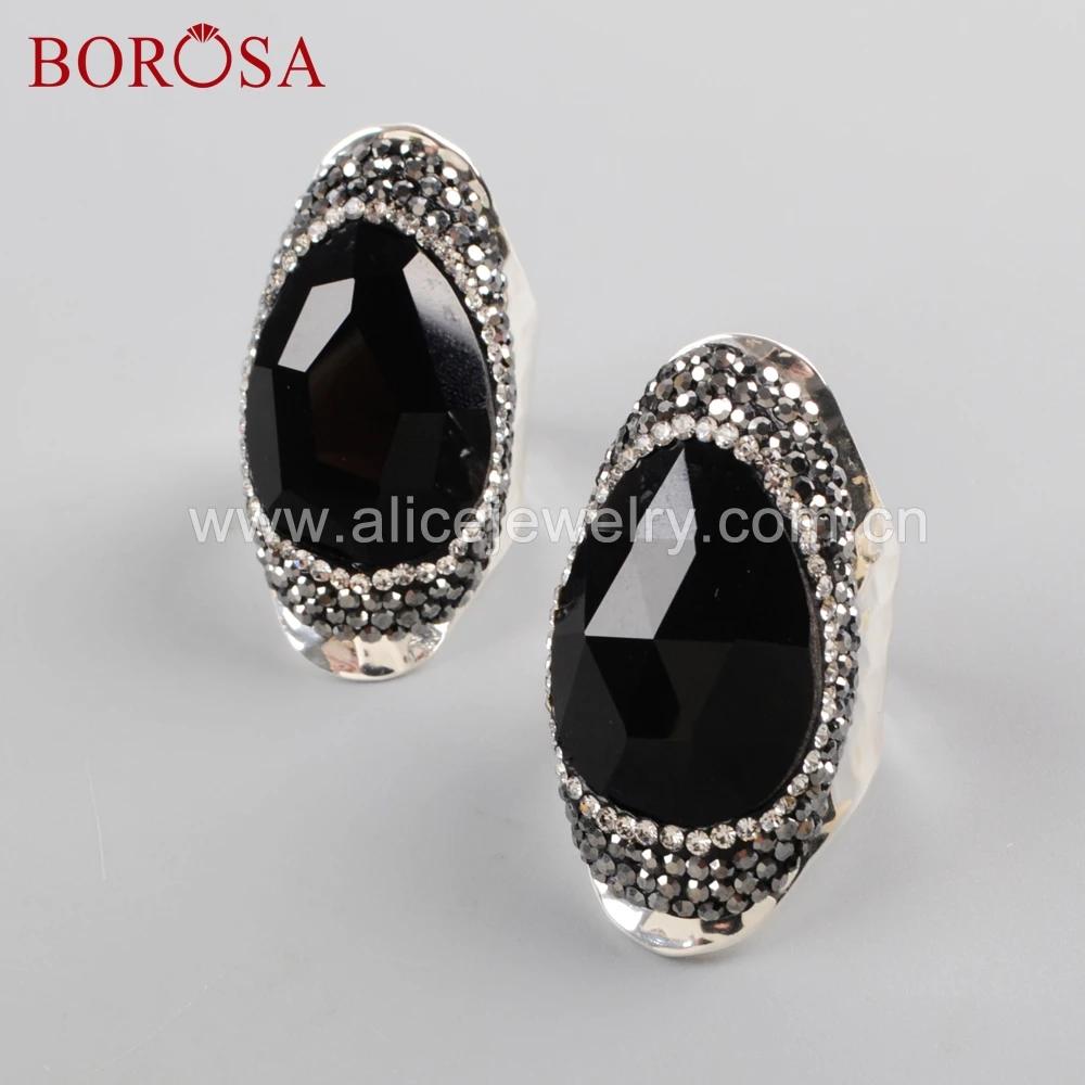 

BOROSA 5PCS Gold/Silver Color Rhinestone Paved Black Agates Faced Ring Druzy Party Rings Jewelry for Women Wholesale JAB954